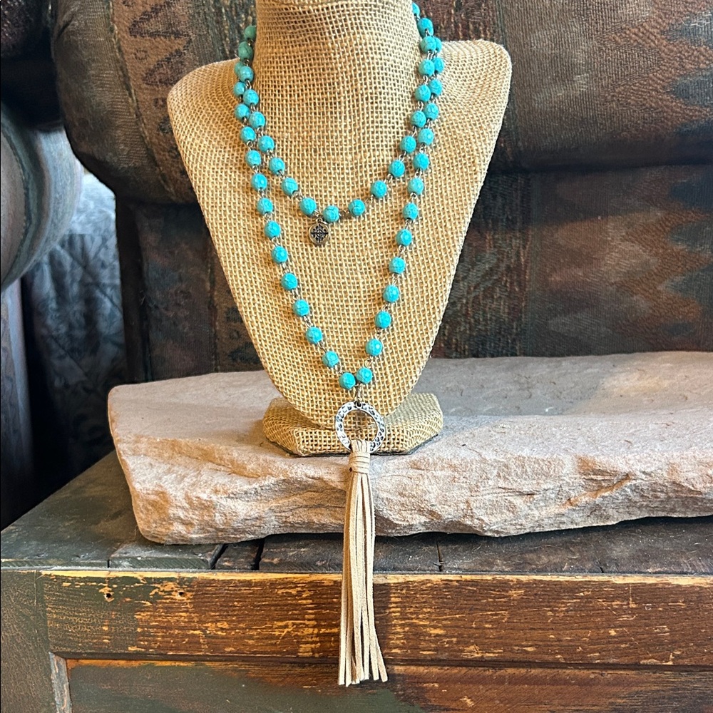 Jane Marie Turquoise Colored Faceted Howlite Beaded Necklace with Tassel